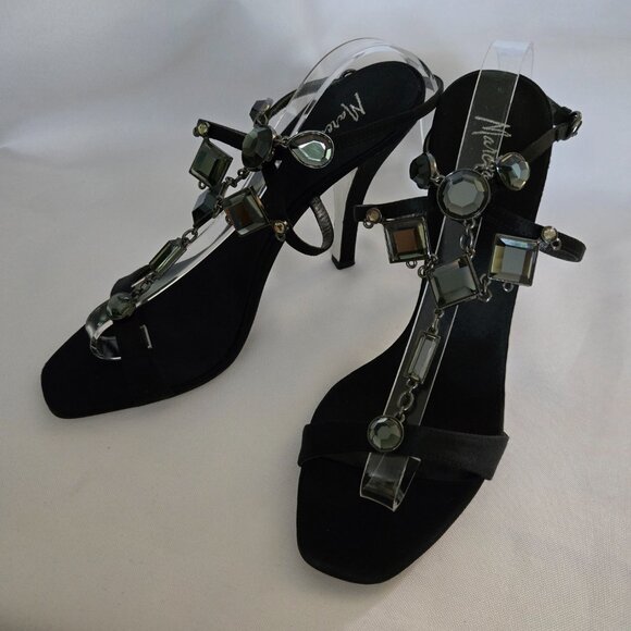 Marciano Satin Jeweled Ankle Strap Heels SZ 7M Black - Picture 1 of 15